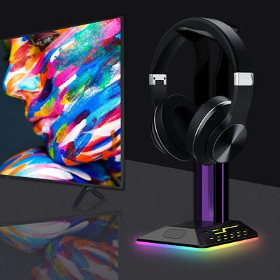 Headphone Stand RGB light with USB Hub Desk Gaming Headset Holder Hanger Rack with USB2.0 Extension Charging Port Extender Cord