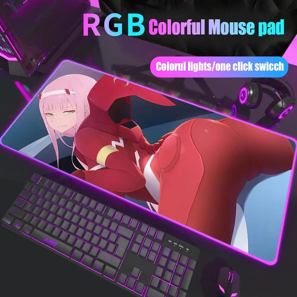 Zero Two Mouse Pad Gamer Rgb Desk Mat Back Light Led Mousepad Setup Gaming Accessories Deskmat Big Mousepepad Backlight