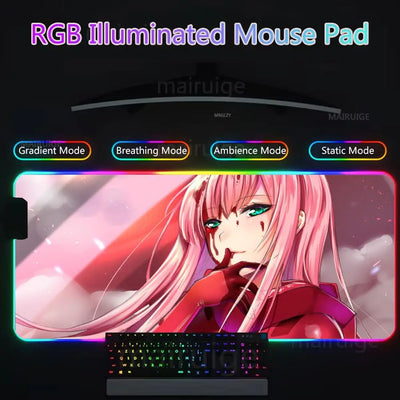 Zero Two Mouse Pad Gamer Rgb Desk Mat Back Light Led Mousepad Setup Gaming Accessories Deskmat Big Mousepepad Backlight