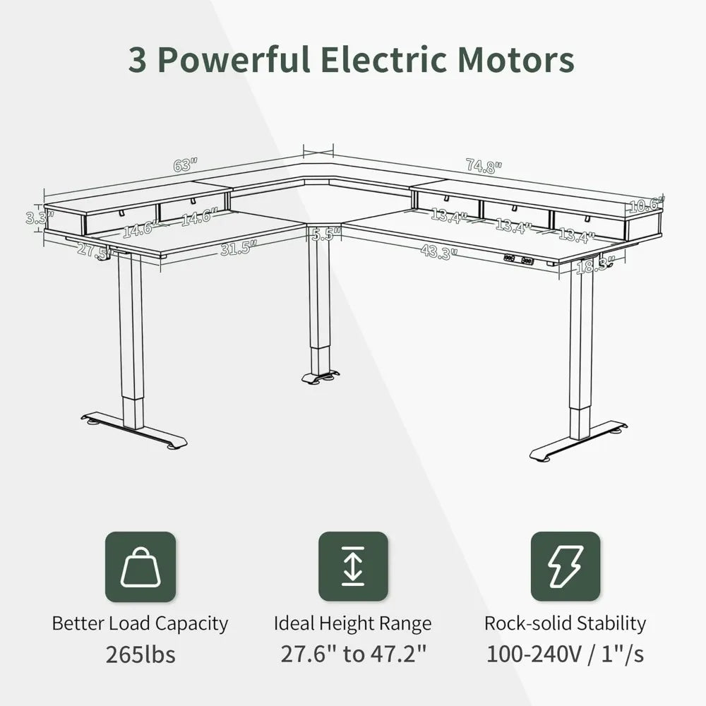 Triple Motor 75" L Shaped Standing Desk with 5 Drawers, Reversible Electric Standing Gaming Desk Adjustable Height, Office Desks