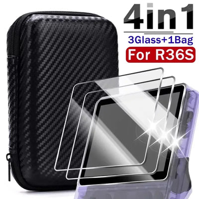 4 IN 1 Case+Glass for R36S Game Console Travel Carrying Storage Bag & Screen Protectors Tempered Glass Film for R36S Accessories