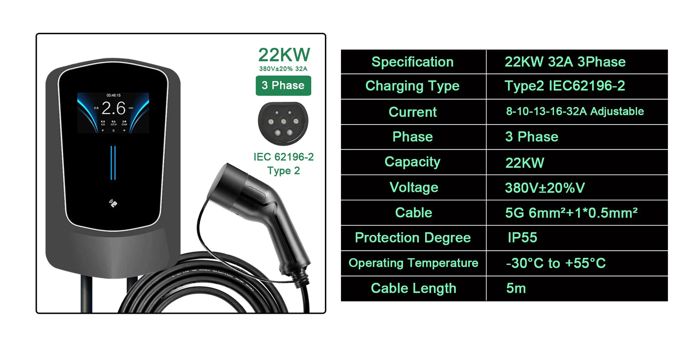 AFAX EV Charger Type2 Cable 32A EVSE Wallbox Electric Vehicle Car Charger Wallmount APP Control 7KW 11KW 22KW Charging Station